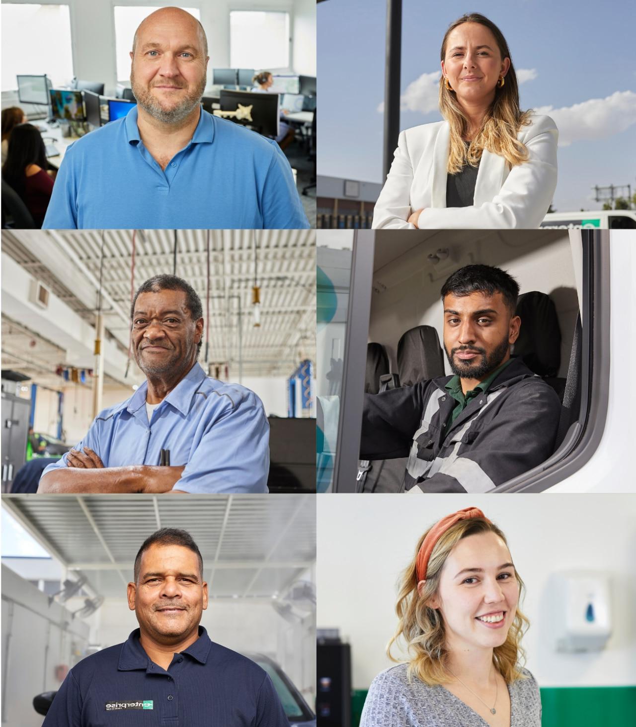 Nine different Enterprise employees, representing a wide range of diversity (gender, race, ethnicity, geographic, etc.), are arranged in a carousel image.